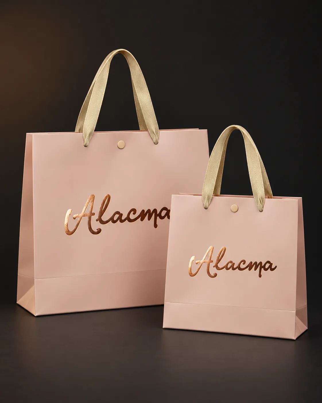 Sacolas de papel rosé personalizadas Alacma com alça de gorgurão