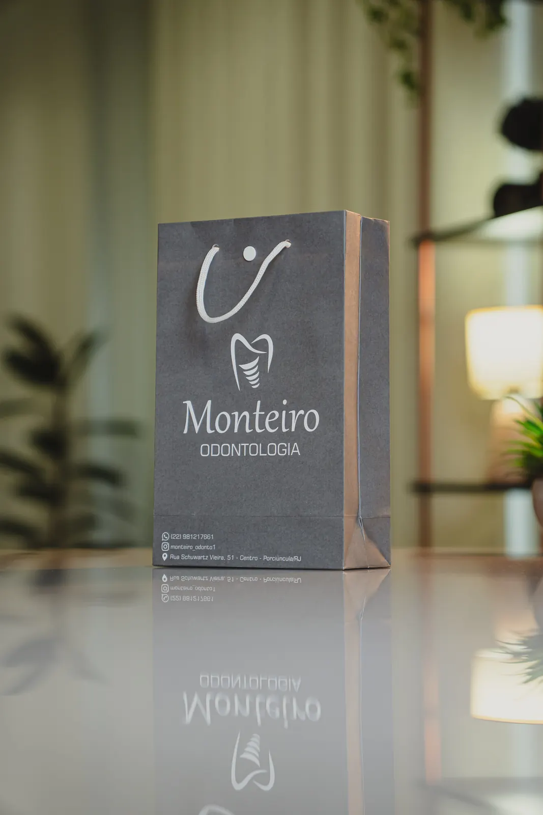 Sacola de papel cinza personalizada Monteiro Odontologia