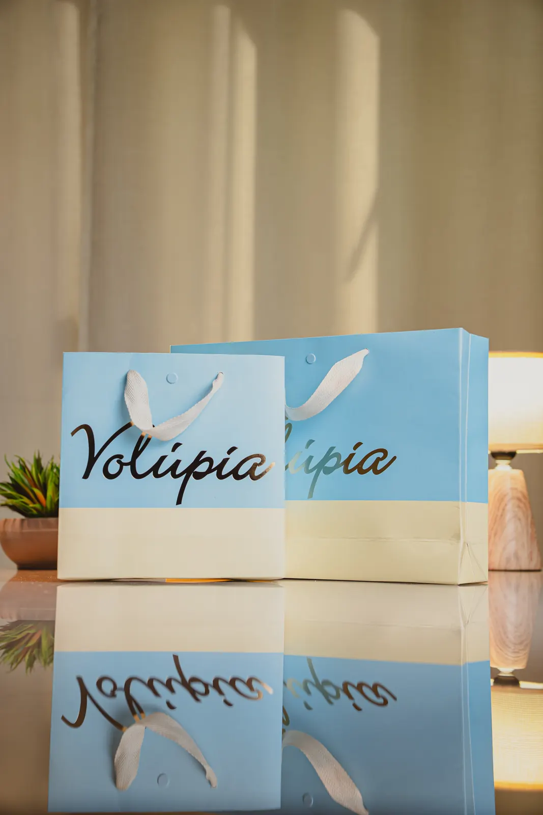 Sacolas de papel azul e creme personalizadas Volúpia
